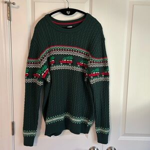 Lands' End Green Crewneck Sweater with Red and White Accents